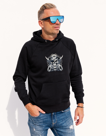 Black Hoodie with pirate skull design on front. 